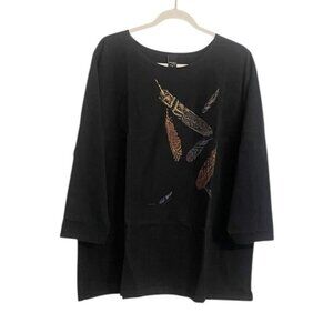 Sabaku Black Crew Neck Long Sleeve Tee T-Shirt Size 1X Southwest Feathers Artsy